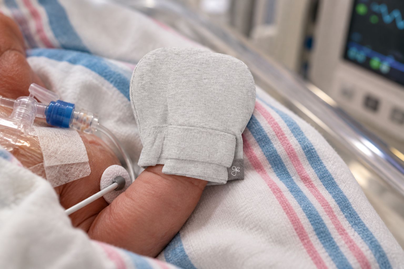Preemie stay-on mitt worn near an IV board in a NICU bassinet