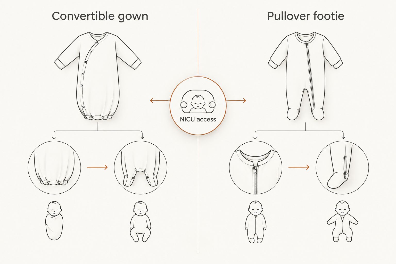 Side-by-side comparison of convertible gown access versus pullover footie access