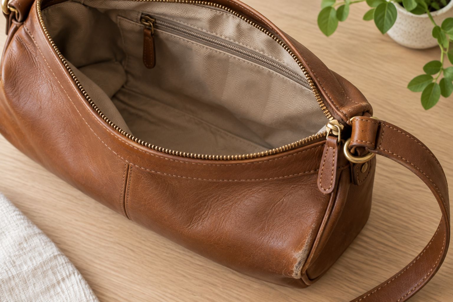 Open handbag showing the lining, zipper, strap attachment, base edge, and corner wear