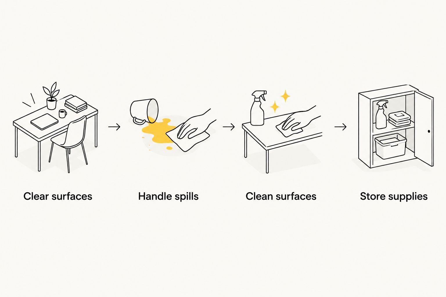 Daily cleanup sequence from clearing surfaces to storing supplies safely