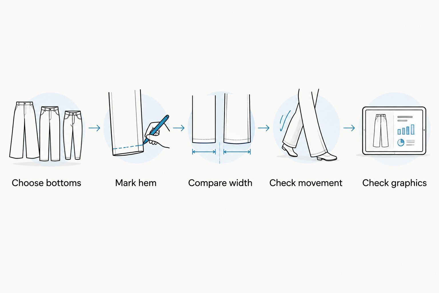Fit-check sequence from choosing bottoms to checking graphic placement