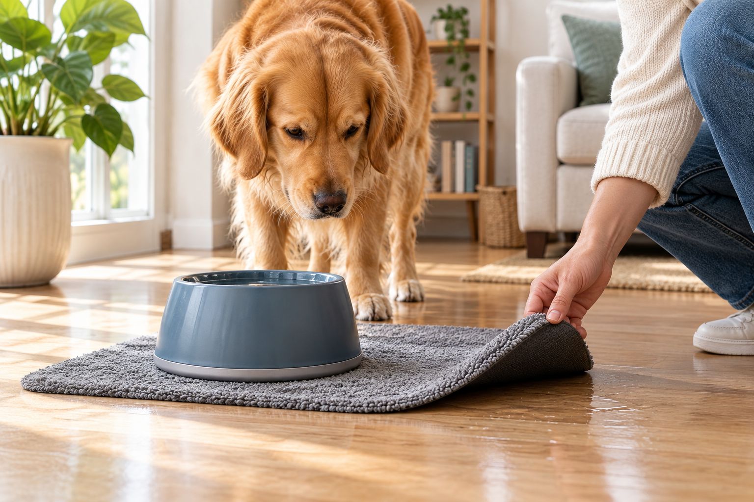 Owner checking the floor beneath a dog water bowl mat