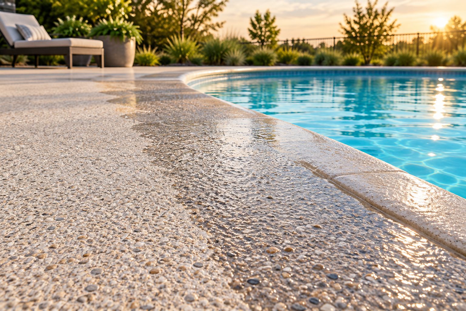 Textured concrete pool deck with wet and dry areas beside the pool coping