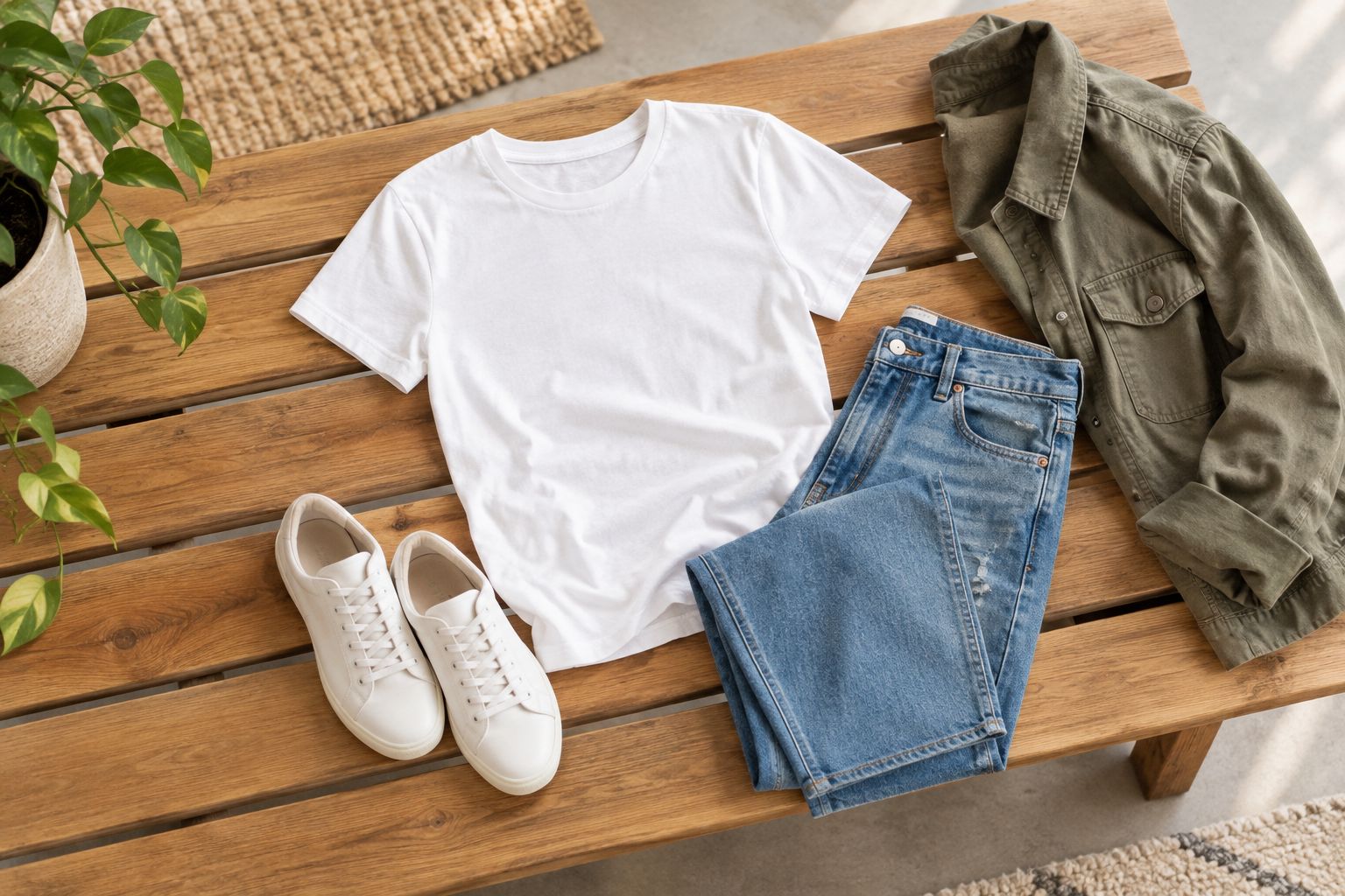 A simple T-shirt, jeans, and sneakers with an optional jacket beside them