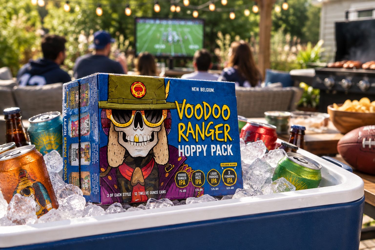 Beer variety pack cans chilling in a cooler at a Super Bowl party
