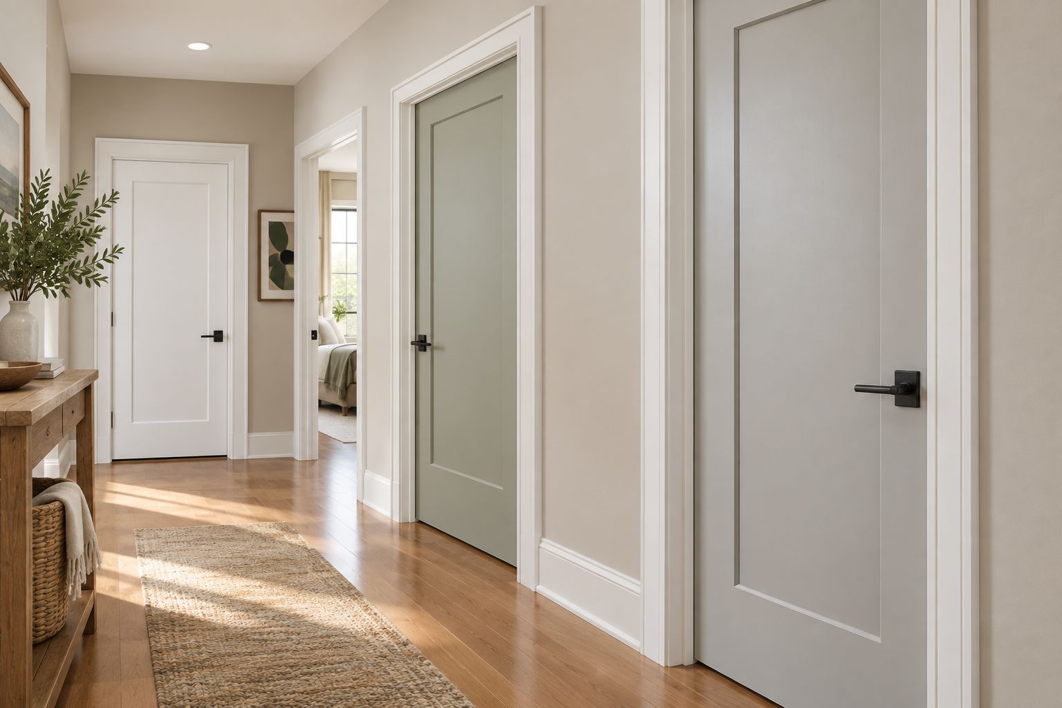 Simple recessed-panel interior doors with straight casing in a residential hallway