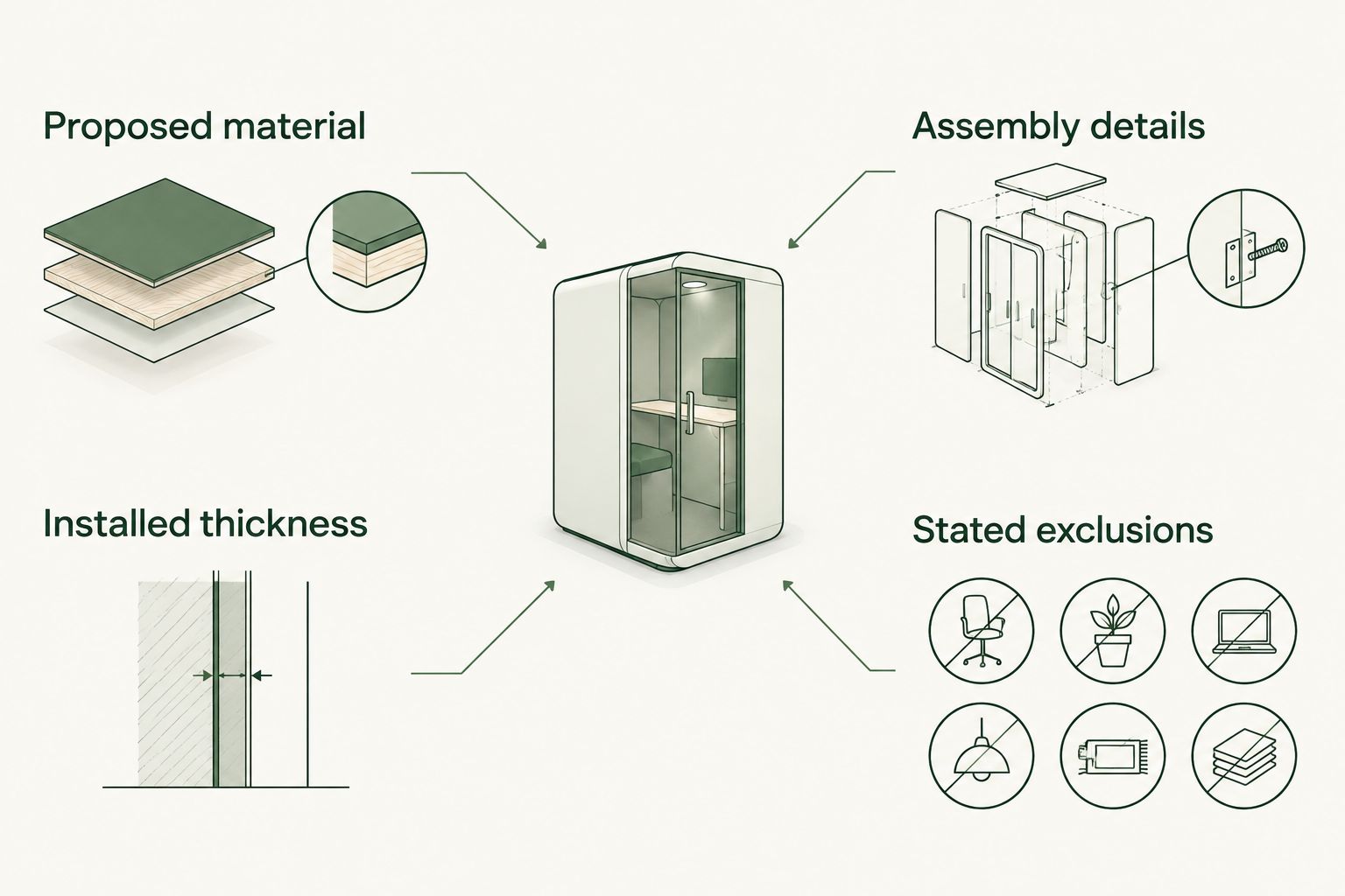 Two-column checklist comparing insulation material and thickness with assembly details and exclusions