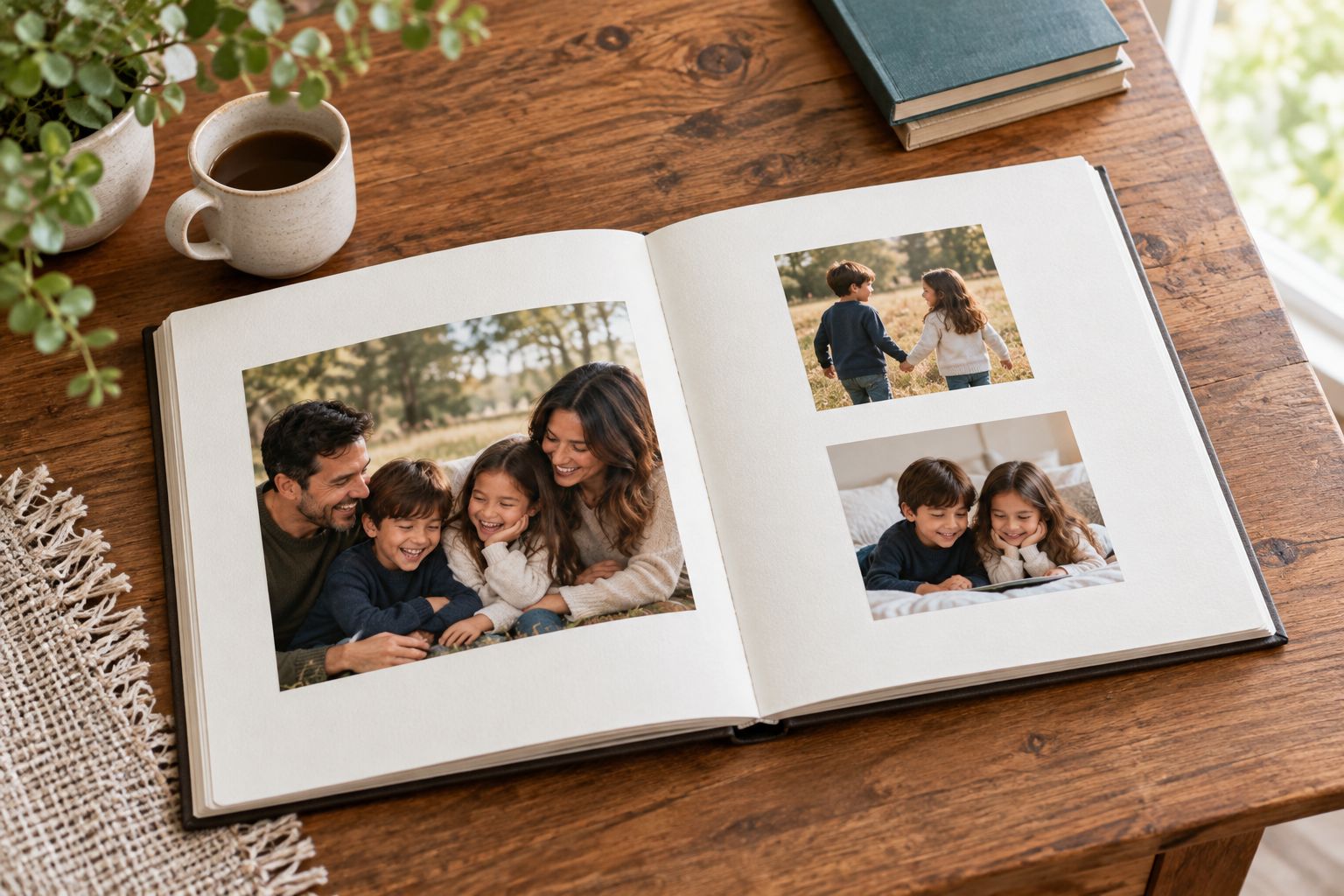 Open family album with a spacious layout and clearly separated photographs