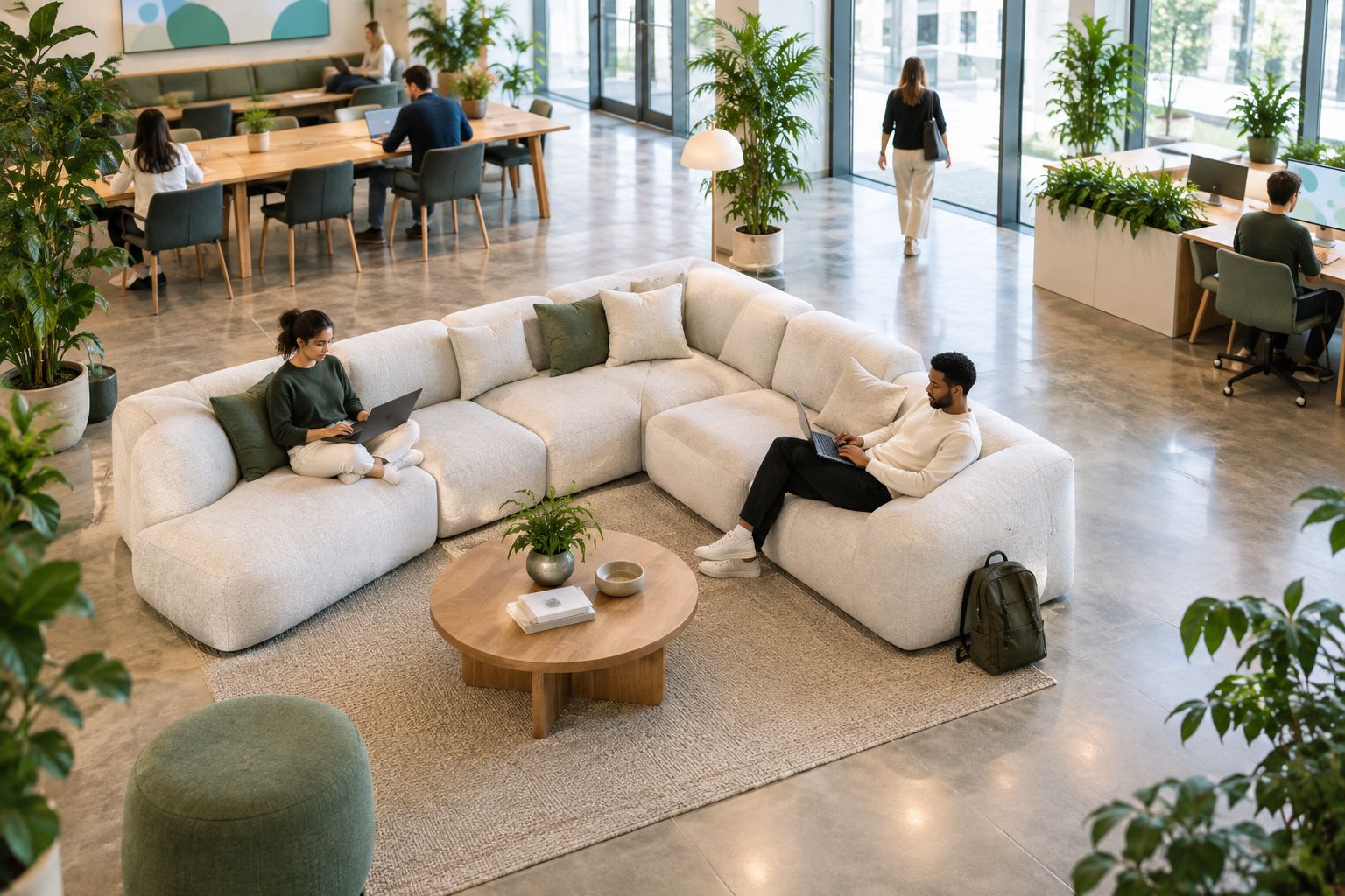 Coworking lounge sectional with an open walking route beside the seating