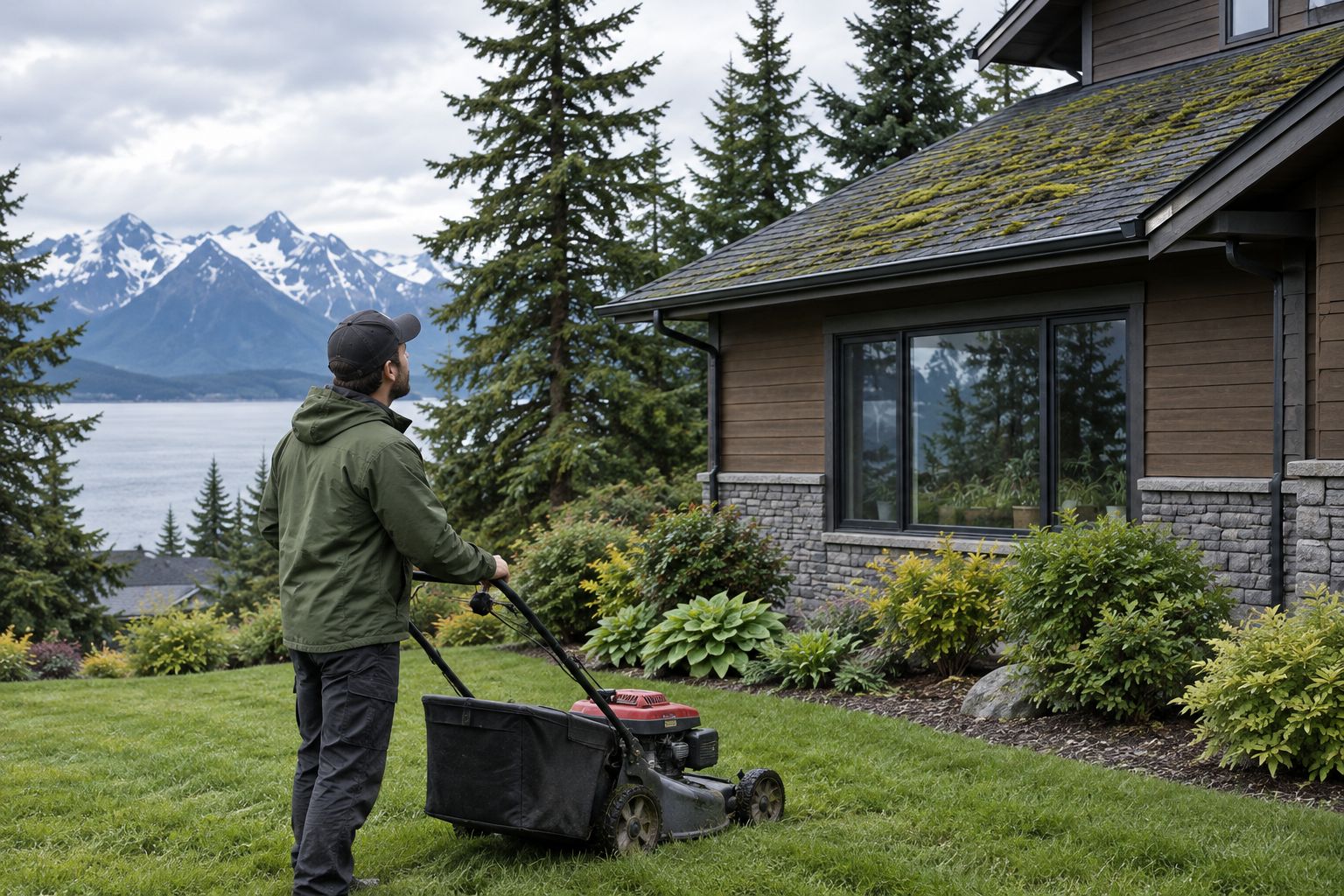 Landscaper noticing moss buildup on a shaded roofline while mowing