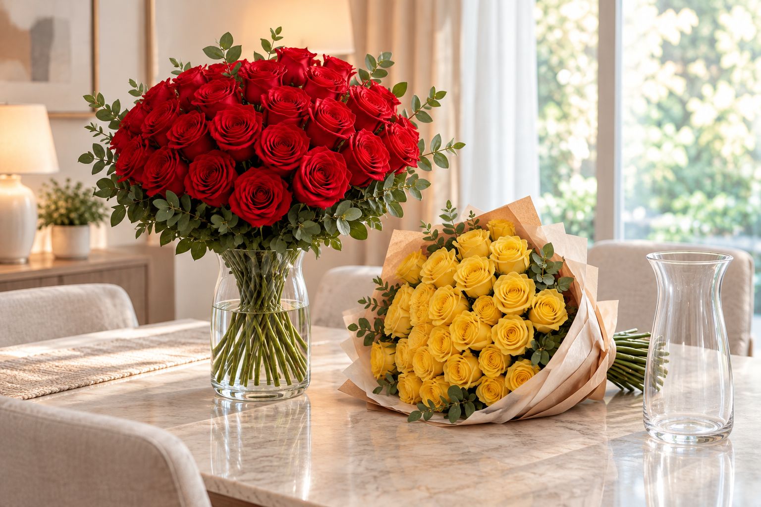 A red rose vase arrangement beside a yellow hand-tied bouquet and an empty vase