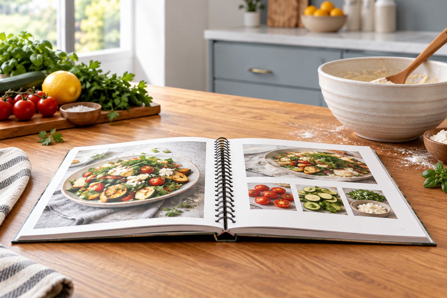 An open coil-bound recipe book lying flat beside a mixing bowl