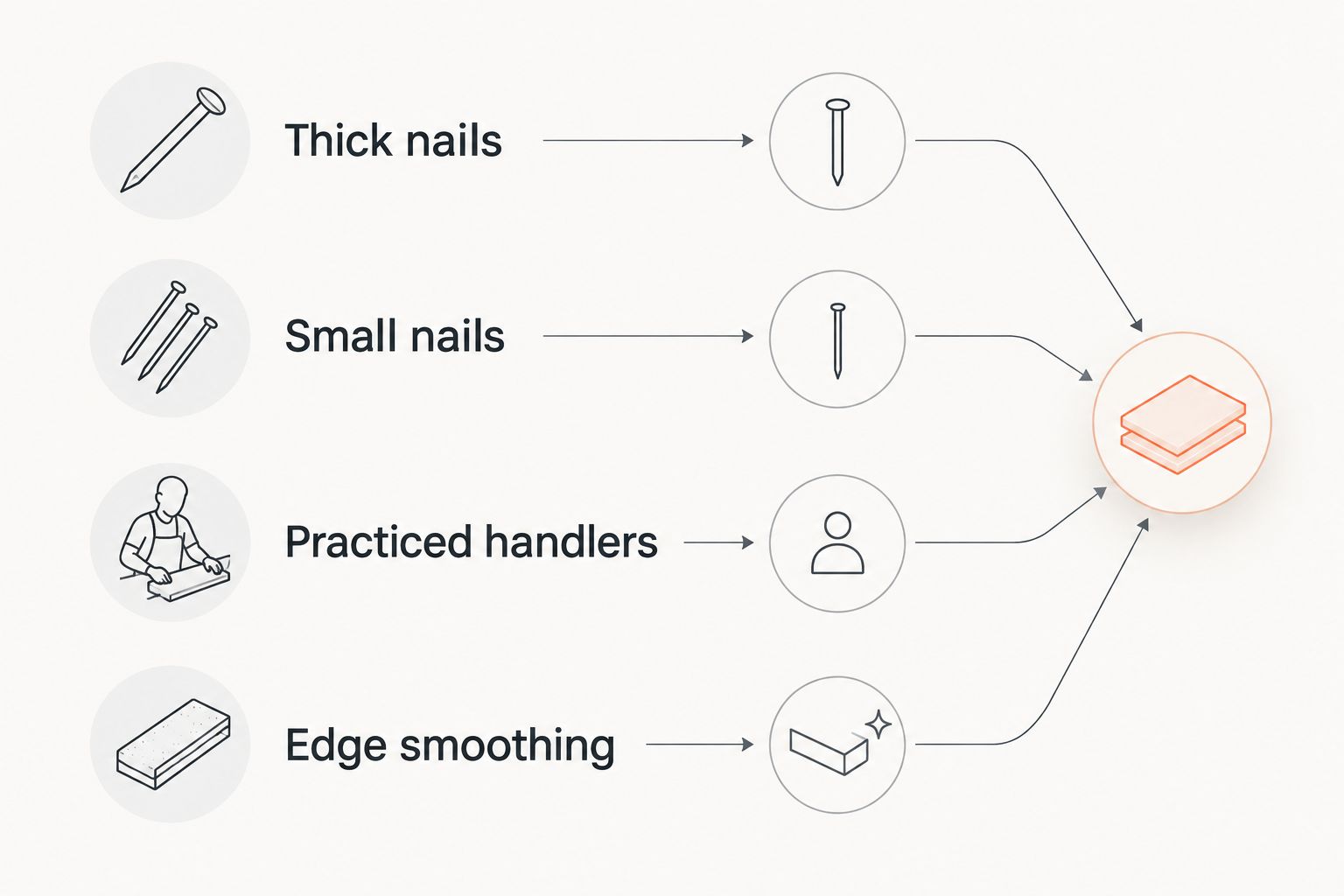 Four nail-tool use cases: thick nails, small nails, practiced handlers, and edge smoothing