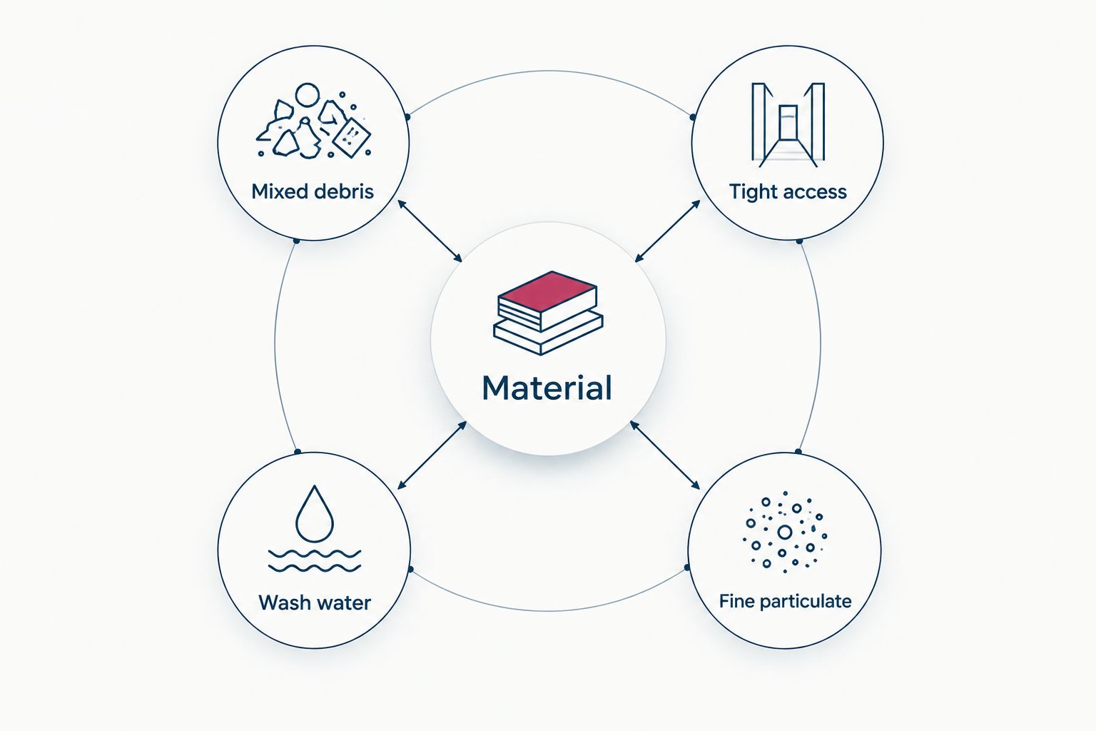 Material-based equipment selection with branches for mixed debris, tight access, wash water, and fine particulate
