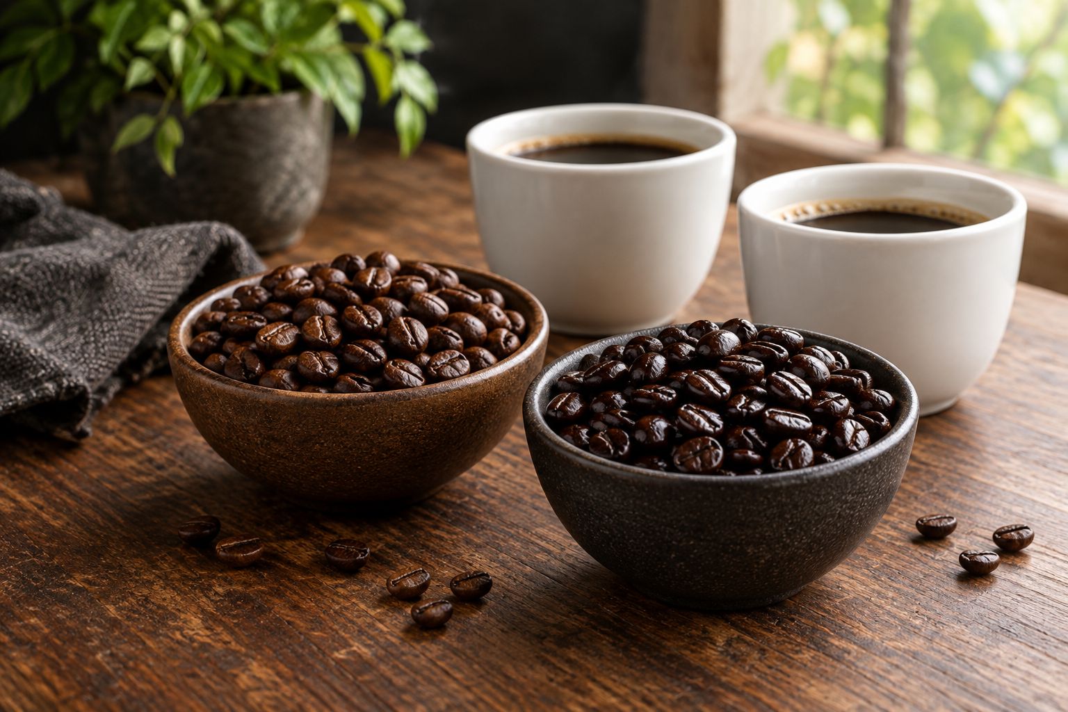 Two bowls of roasted coffee beans with different darkness and surface sheen