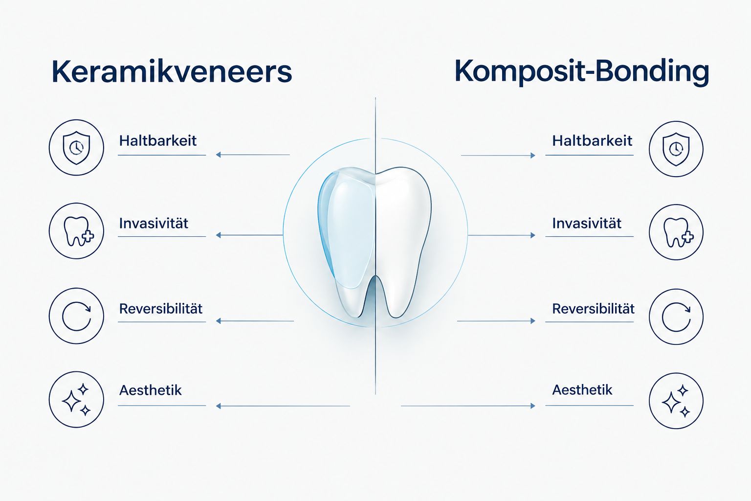 Zwei-Spalten-Vergleich von Keramikveneers und Komposit-Bonding nach Haltbarkeit, Invasivität, Reversibilität und Ästhetik