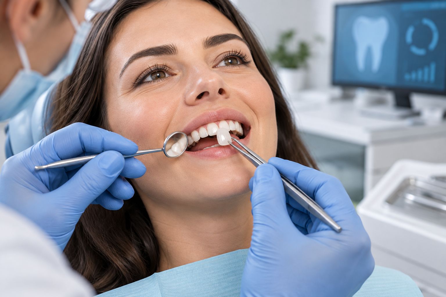 Nahaufnahme der Anpassung von Keramikveneers an den oberen Frontzähnen
