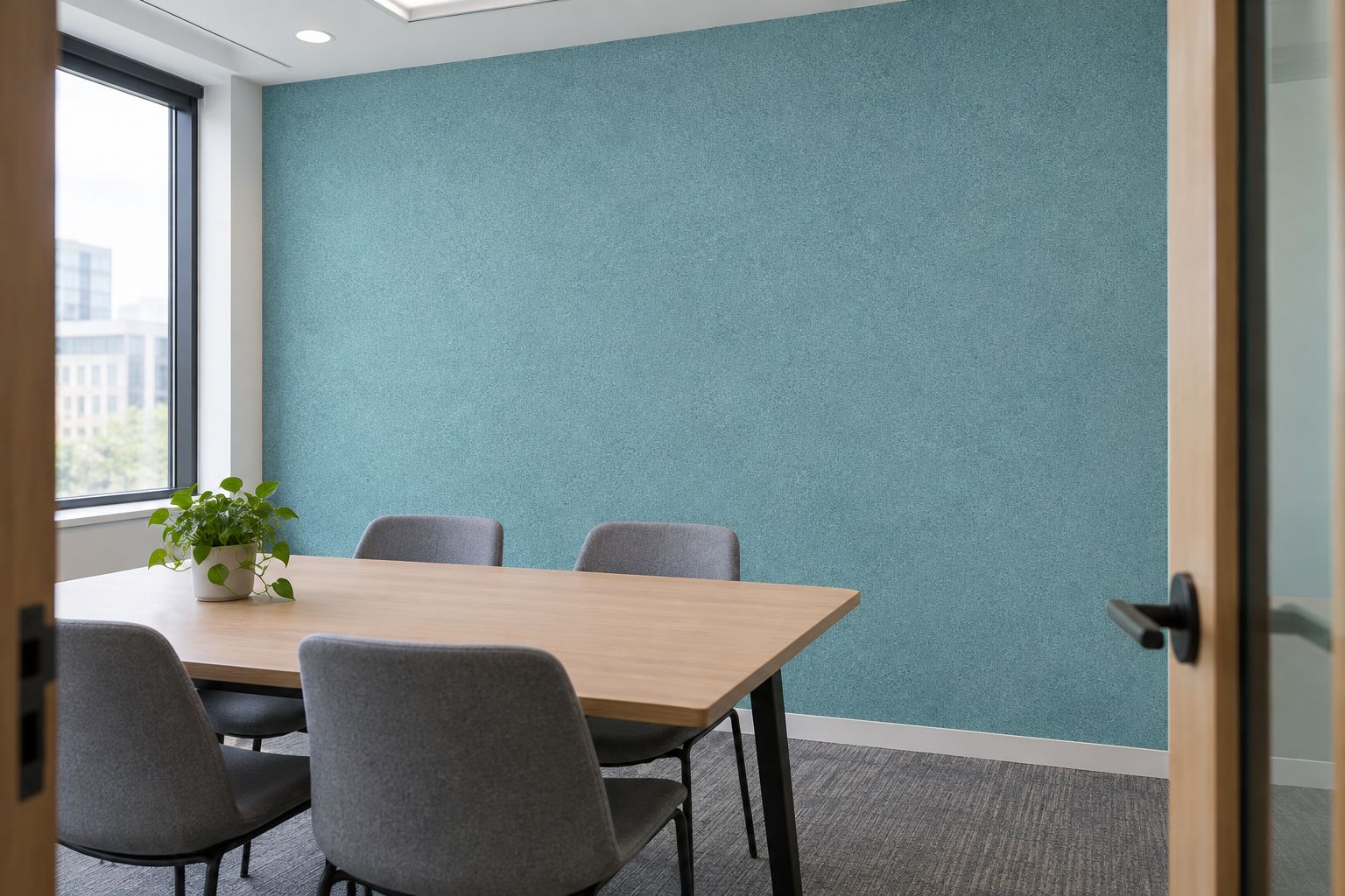 Acoustic wall tiles installed behind a meeting table
