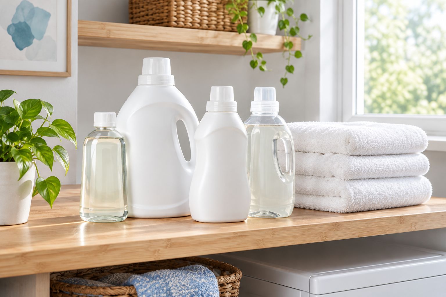 Shelf of unlabeled detergent bottles next to folded towels in a laundry room