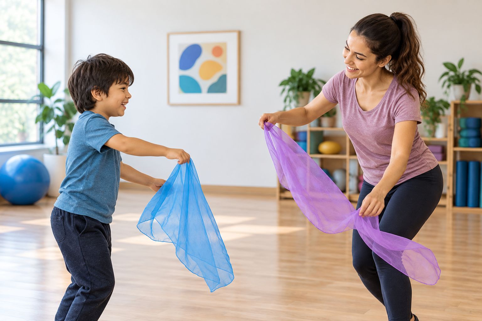A child and caregiver exploring separate scarves with space between them