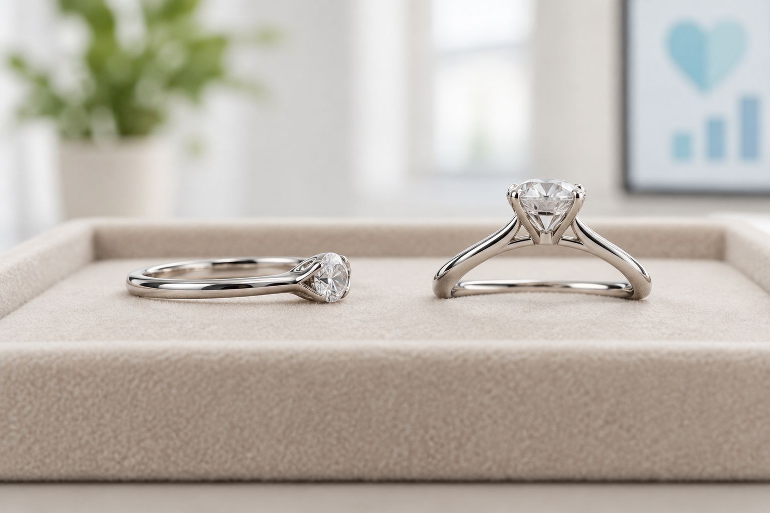 Side profiles of engagement rings showing a lower center setting and a more elevated setting