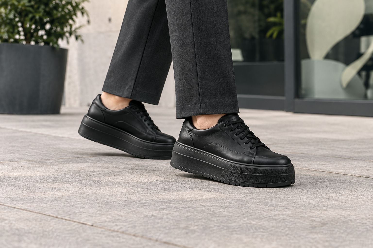 Black platform sneakers beneath straight-leg trousers, showing the hem and raised sole