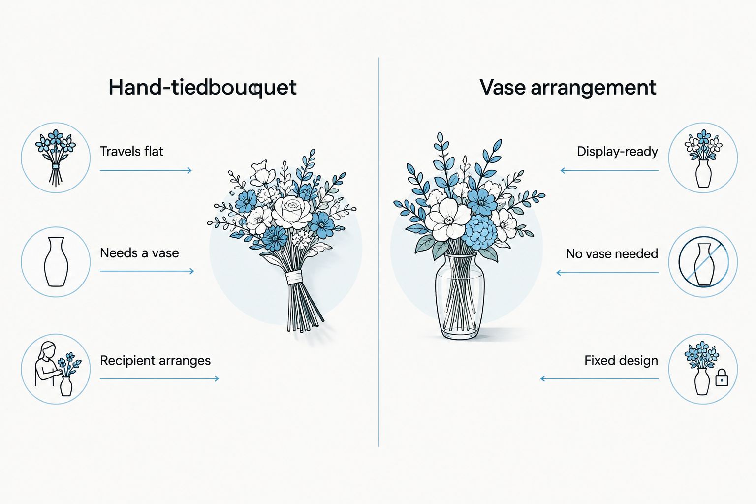 Two-column comparison of hand-tied bouquets and vase arrangements