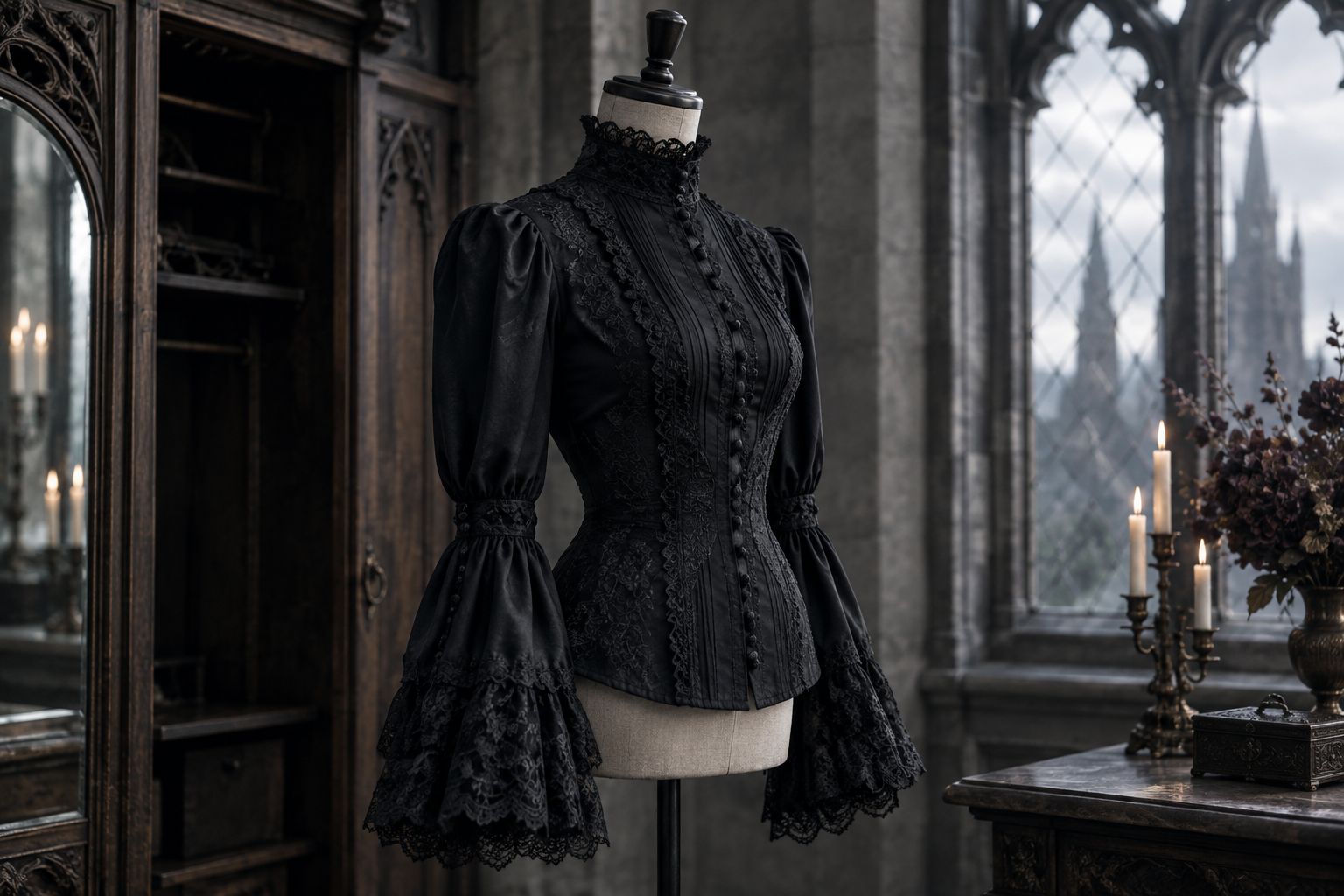 High-neck dark blouse on a dress form showing its collar, cuffs, and waistline