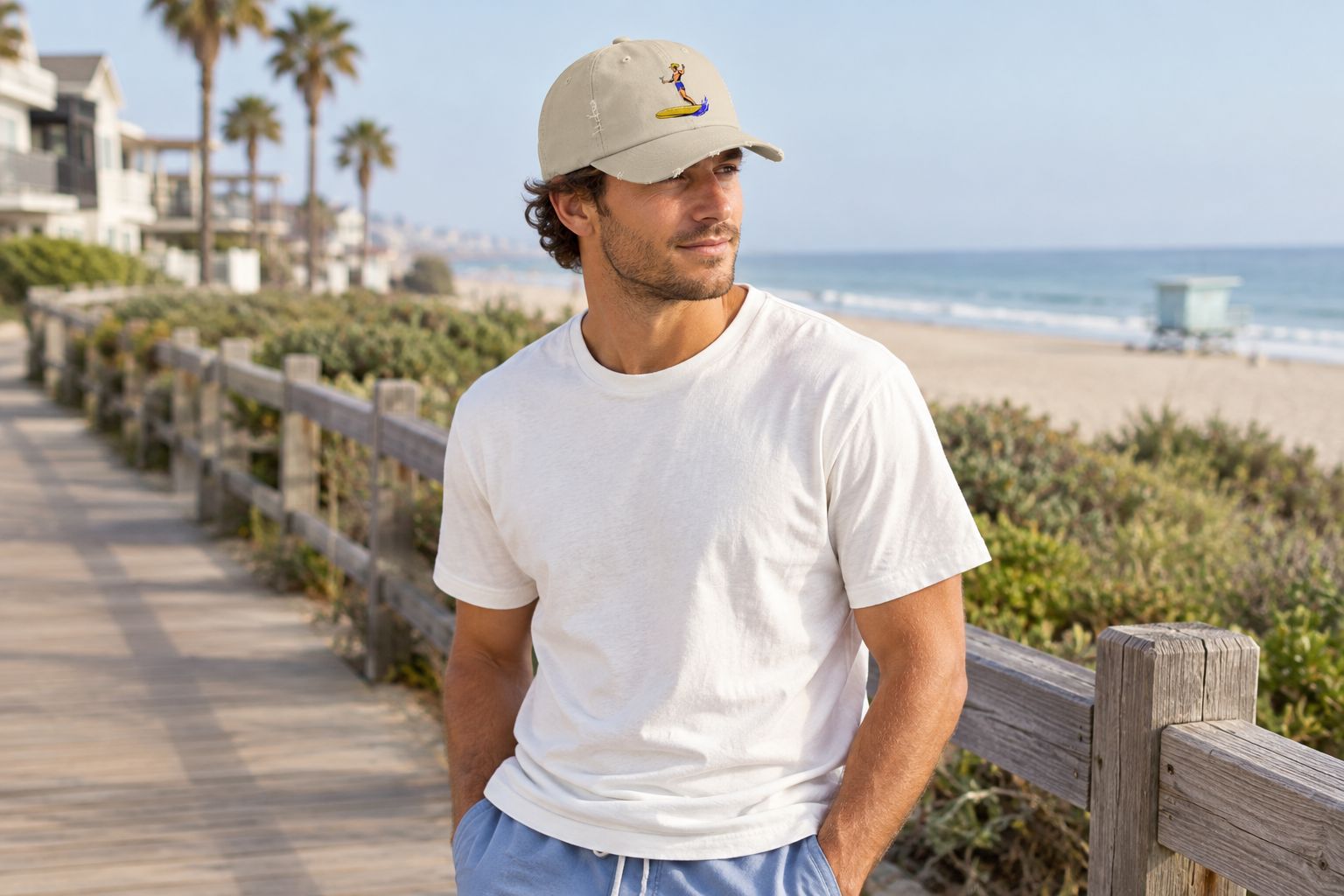 A casual cap worn with a plain top and shorts beside a beach-town boardwalk.