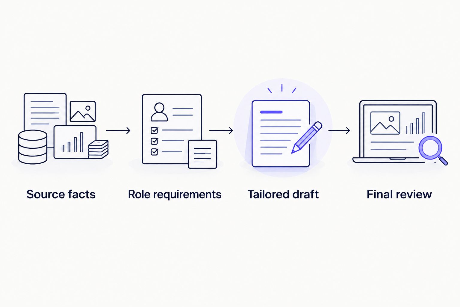 Four-step application review sequence from source facts to final review