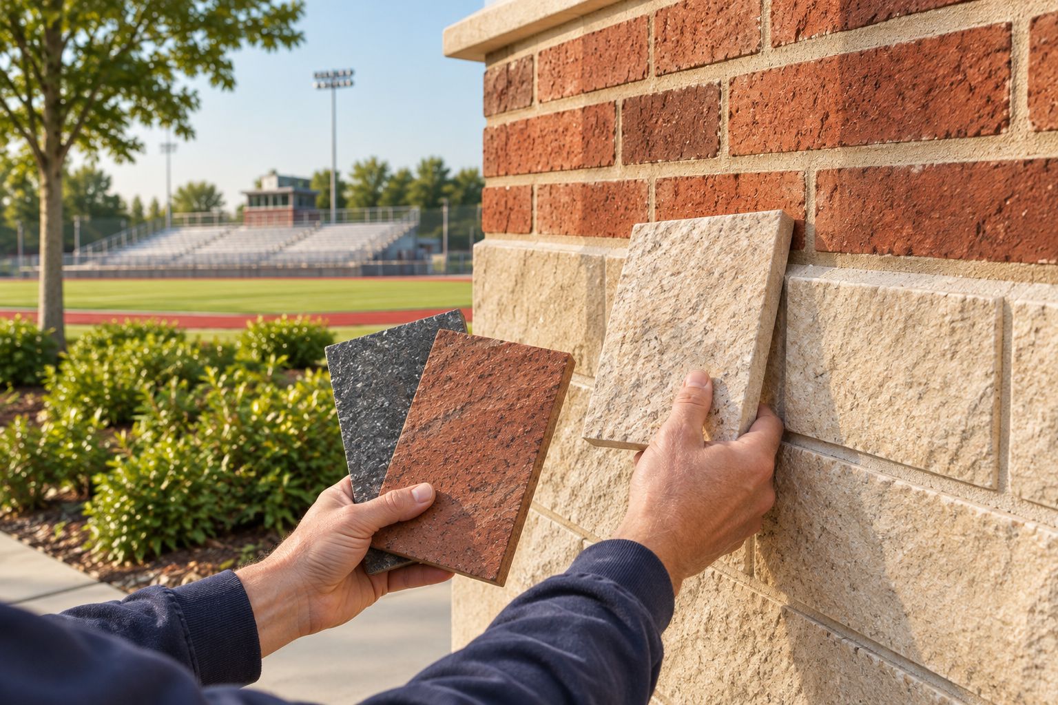 Stone tile samples compared against a wall at a sports facility entrance