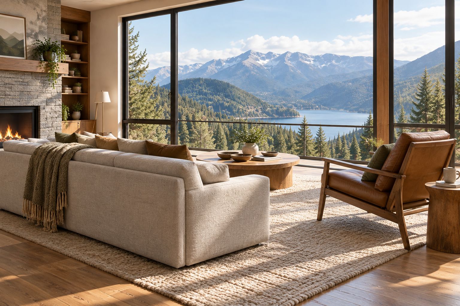 Low-back sofa beside mountain-view windows, with a chair angled toward the landscape