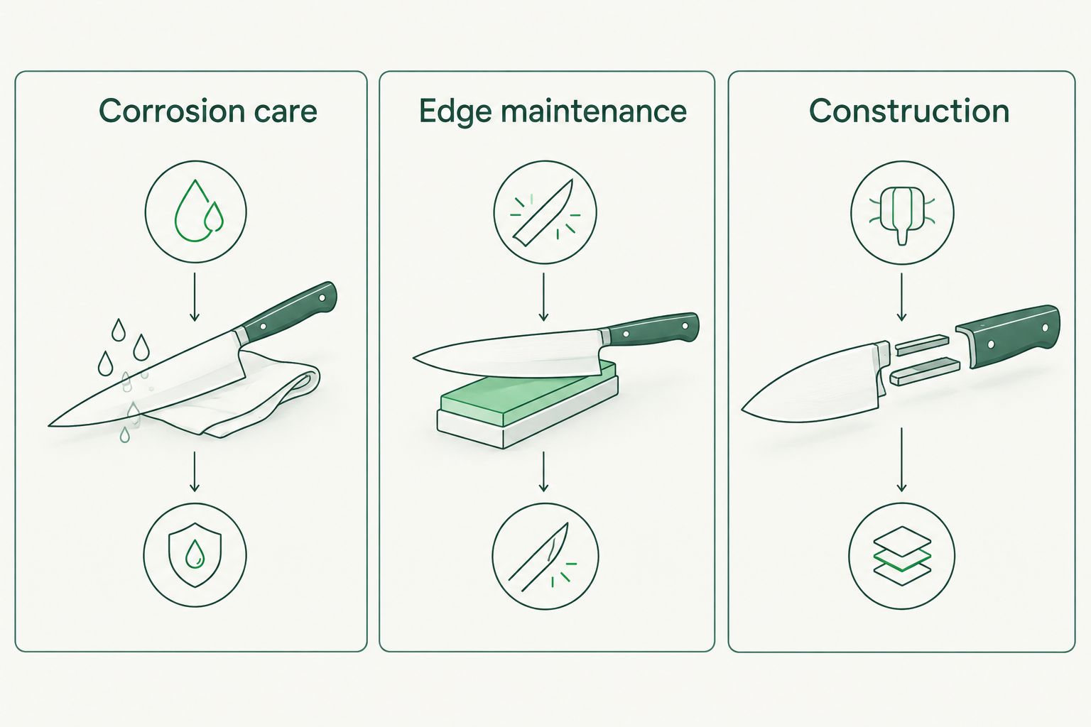 Three separate buying priorities: corrosion care, edge maintenance and knife construction