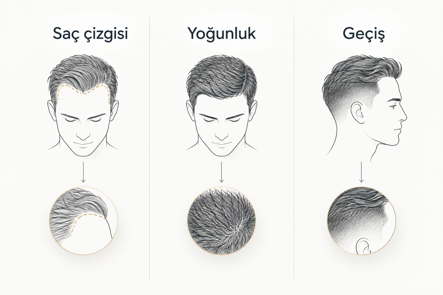 Doğal görünüm değerlendirmesinde saç çizgisi, yoğunluk ve geçişi gösteren üç panel