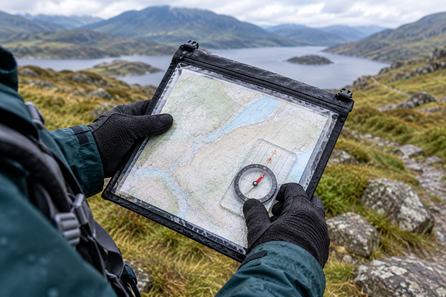 Gloved hands holding a clear map case flat beneath a baseplate compass