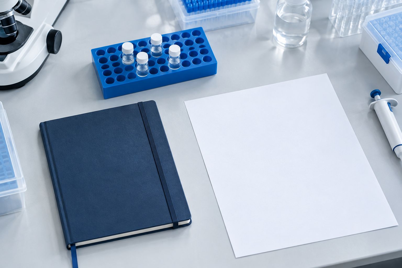 Sealed laboratory sample beside a notebook and documentation on a research bench
