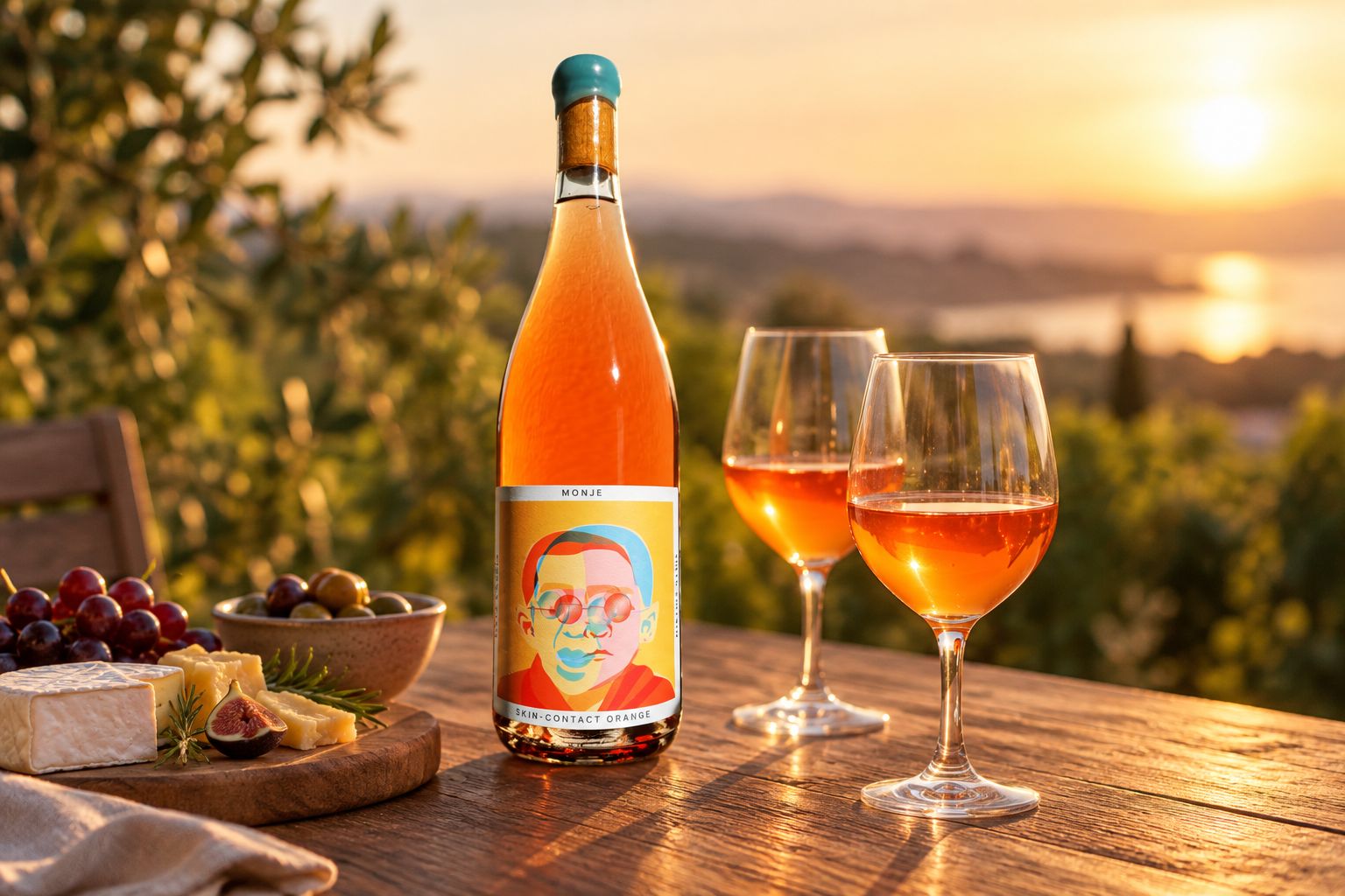 Monje Orange Wine bottle on an outdoor table at sunset