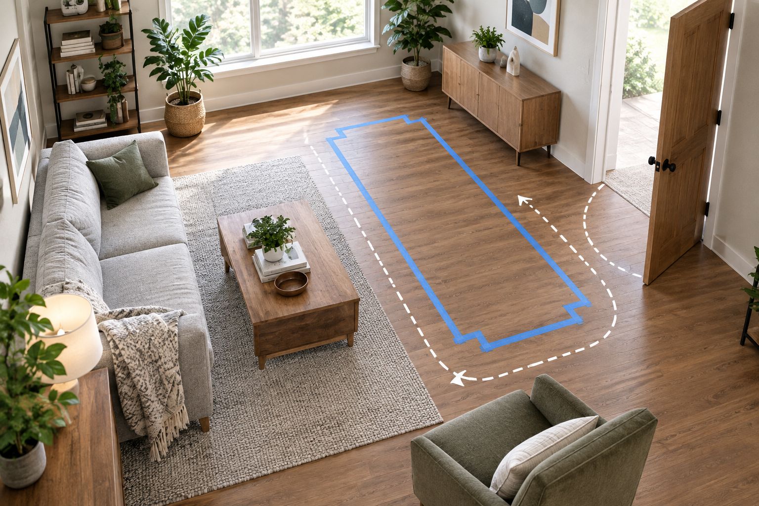 A taped sofa footprint showing its relationship to existing seating and an open doorway
