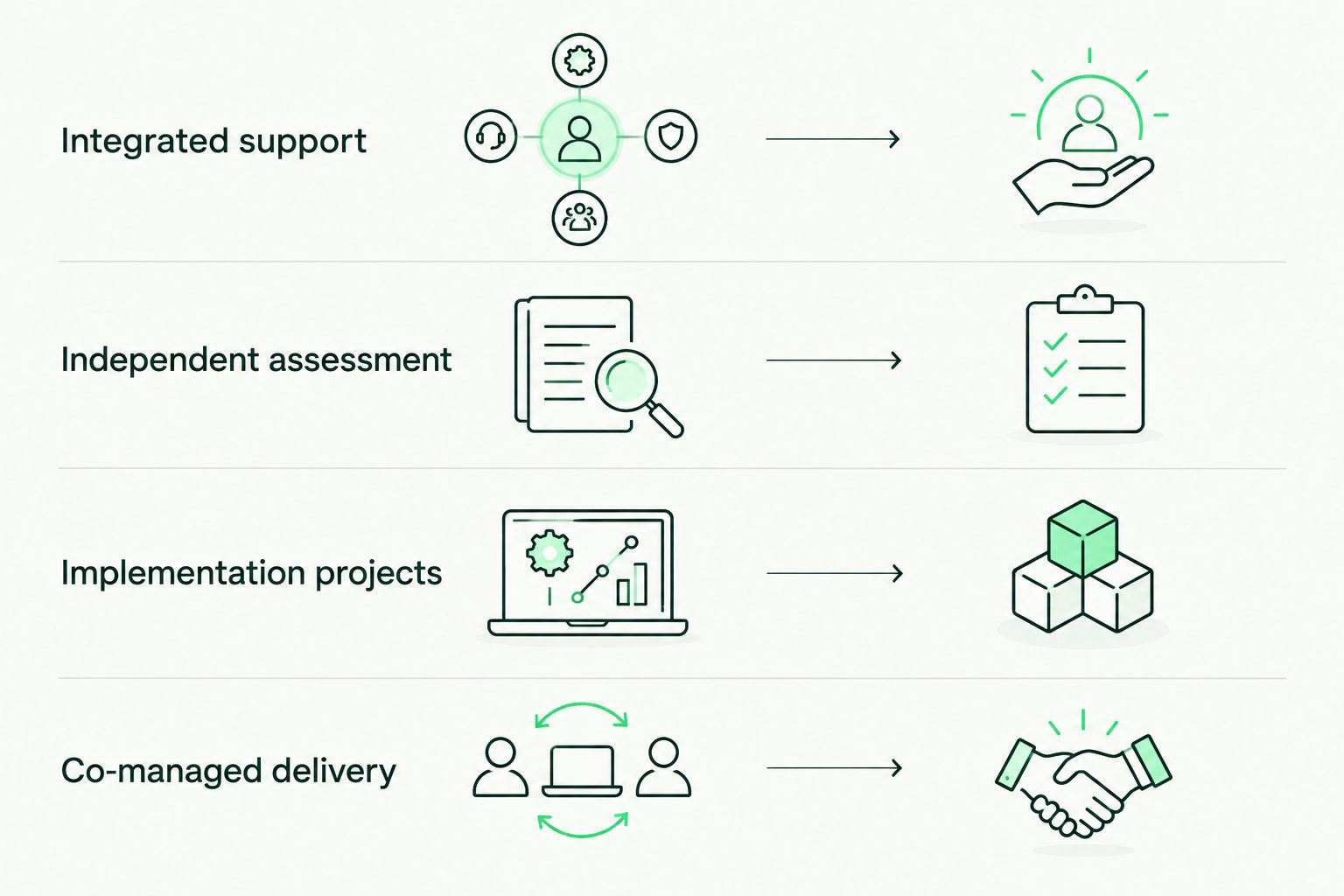 Four Essential Eight service models: integrated support, independent assessment, implementation projects and co-managed delivery