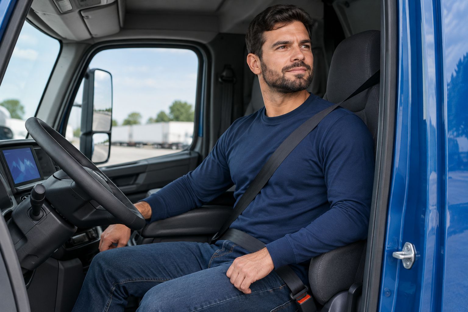 Driver checking a plain shirt’s seated fit with a seat belt in a parked truck