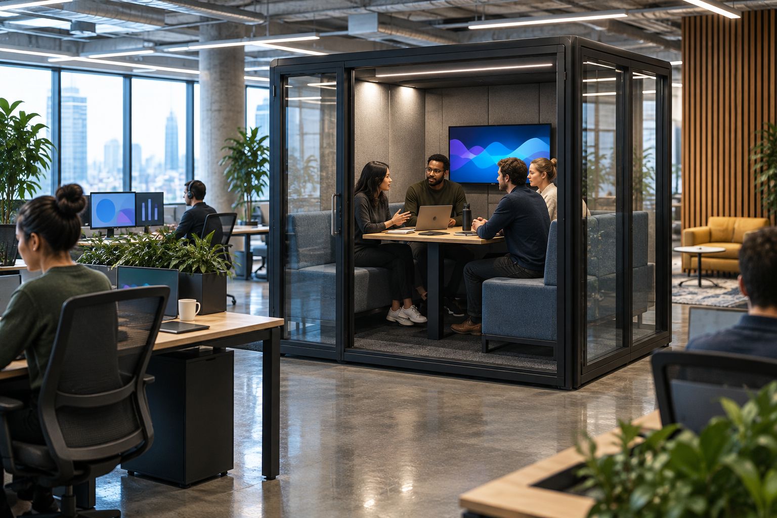 An enclosed meeting space beside shared desks in a generic editorial office