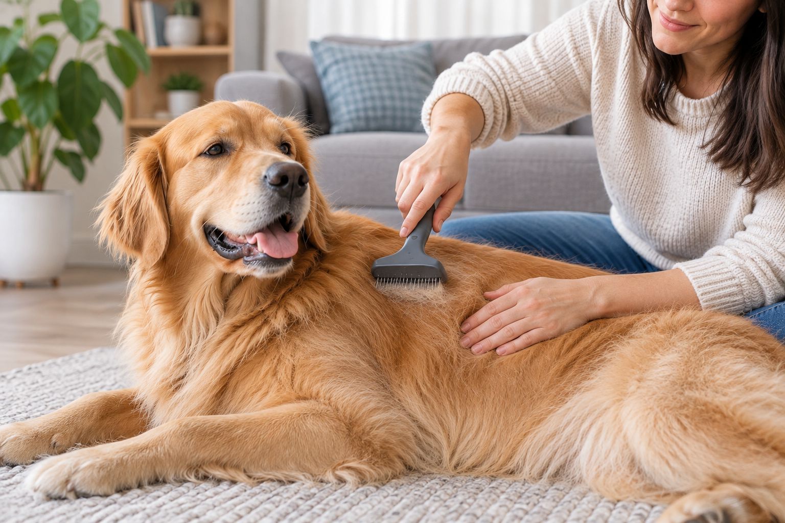 An owner gently grooming a relaxed dog’s shoulder with a light grip.