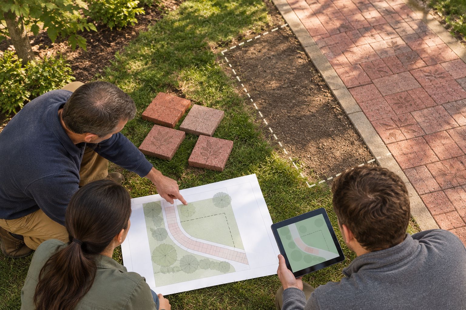 Blank paving samples beside a campus walkway and a simple site sketch
