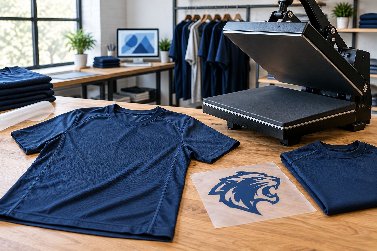 Athletic shirt, printed transfer, and finished sample beside a heat press