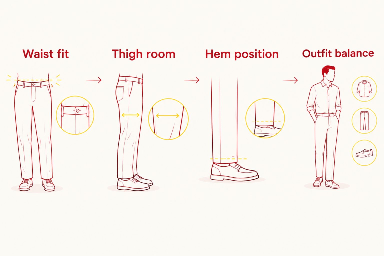 Four fit checks covering the waist, thighs, hem, and overall outfit
