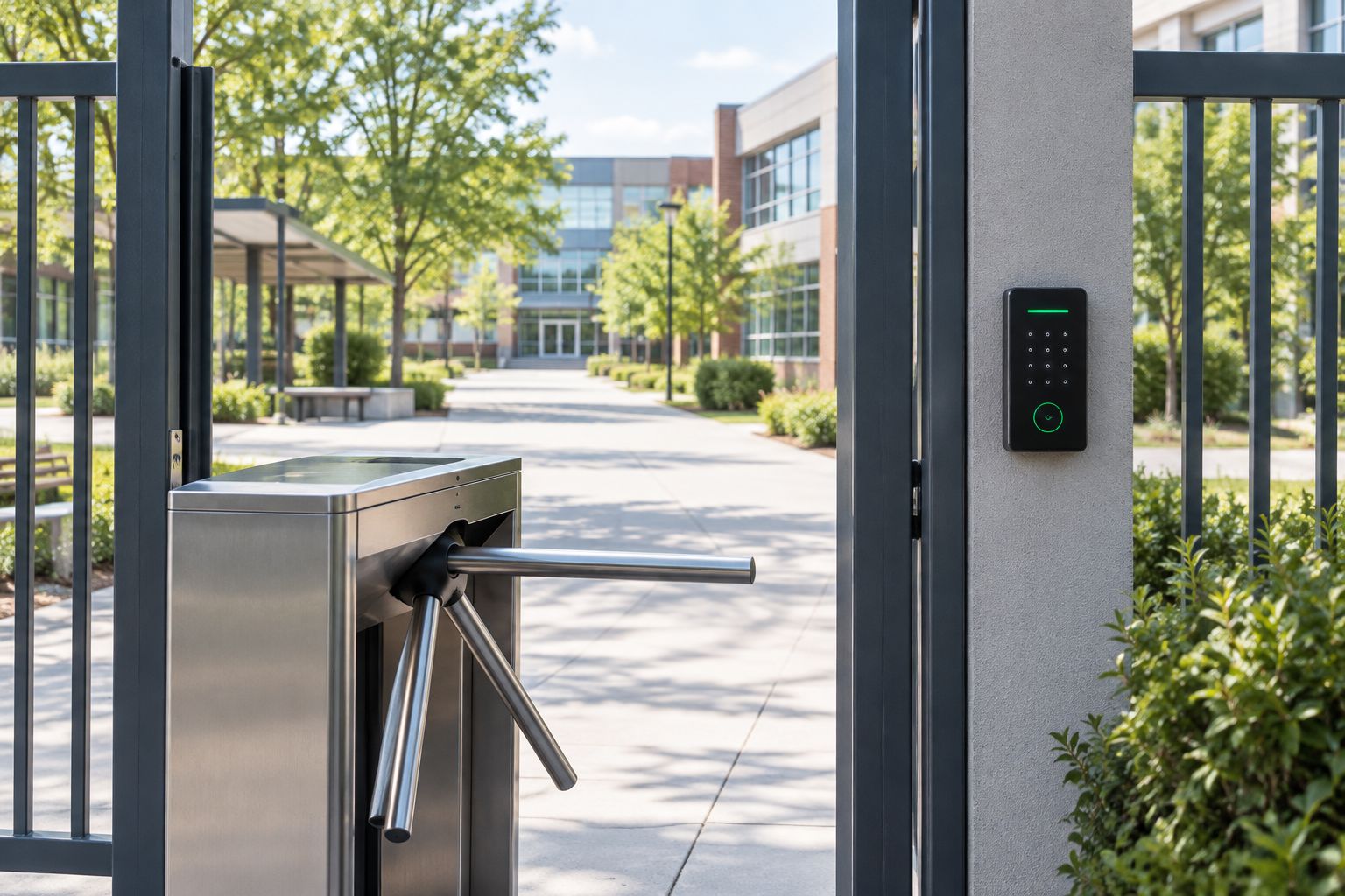 School gate with turnstile and access control keypad reader
