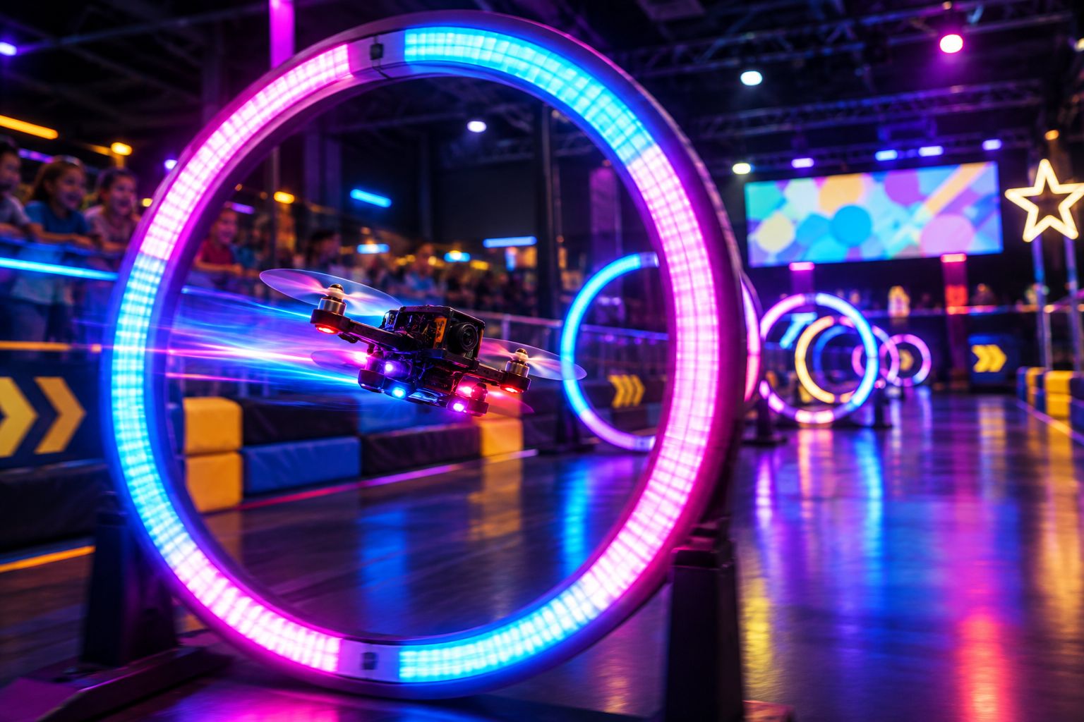 Small FPV racing drone flying through a glowing LED gate on an indoor track