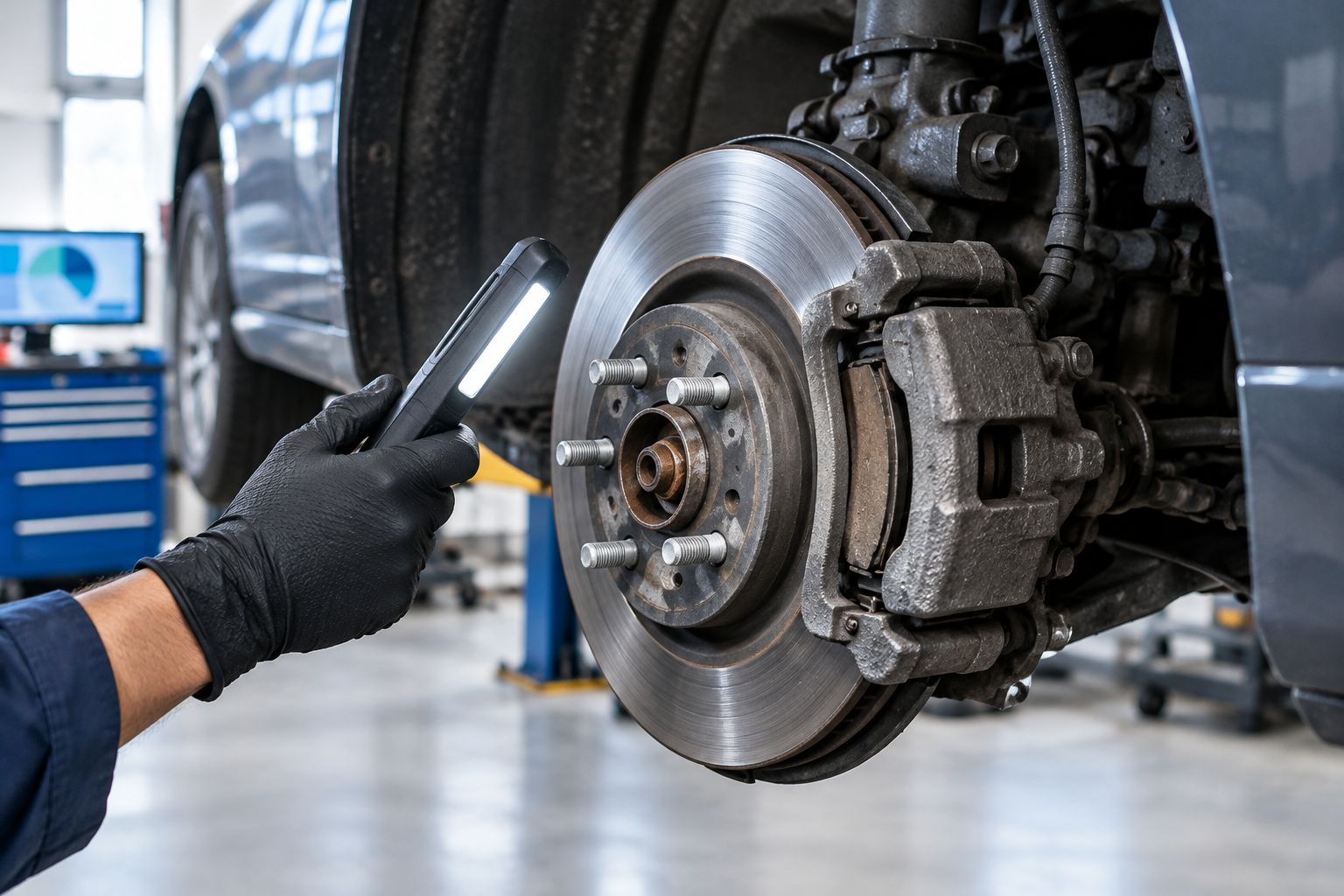 Exposed brake rotor, caliper, and pad edges with the wheel removed