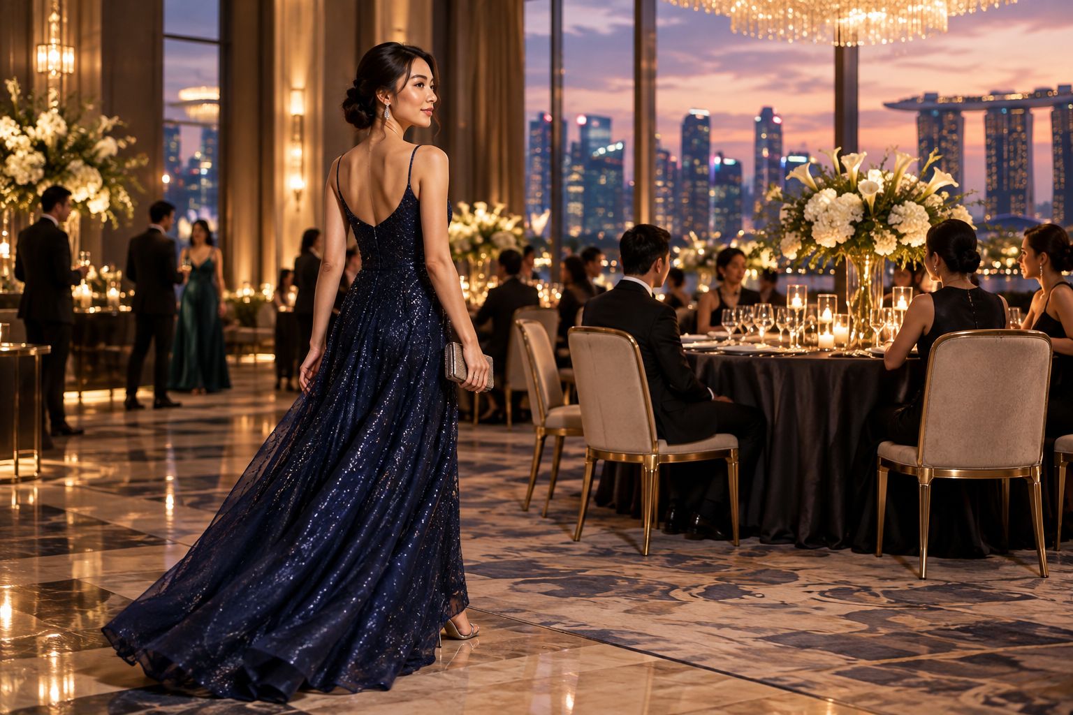 Guest walking through a ballroom in a floor-length evening gown