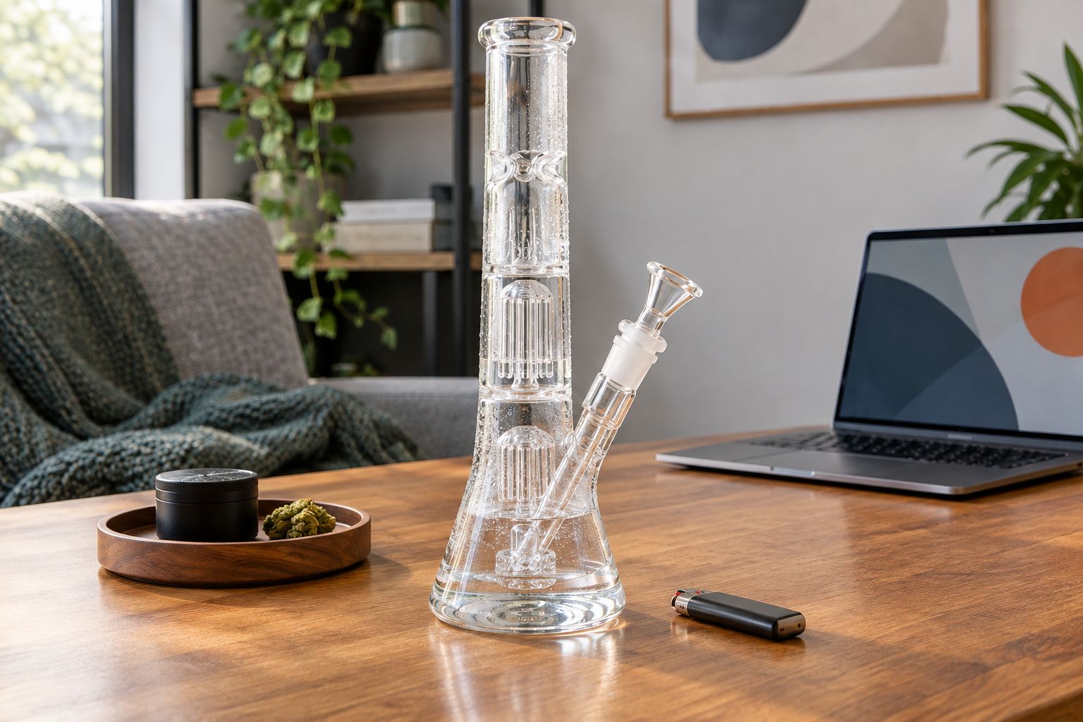 Glass percolator bong with multiple chambers on a wooden table